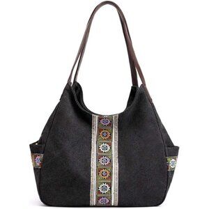 Women Canvas Hobo Purse Multi Pocket Tote Shopper Shoulder Bag Casual Top Handle
